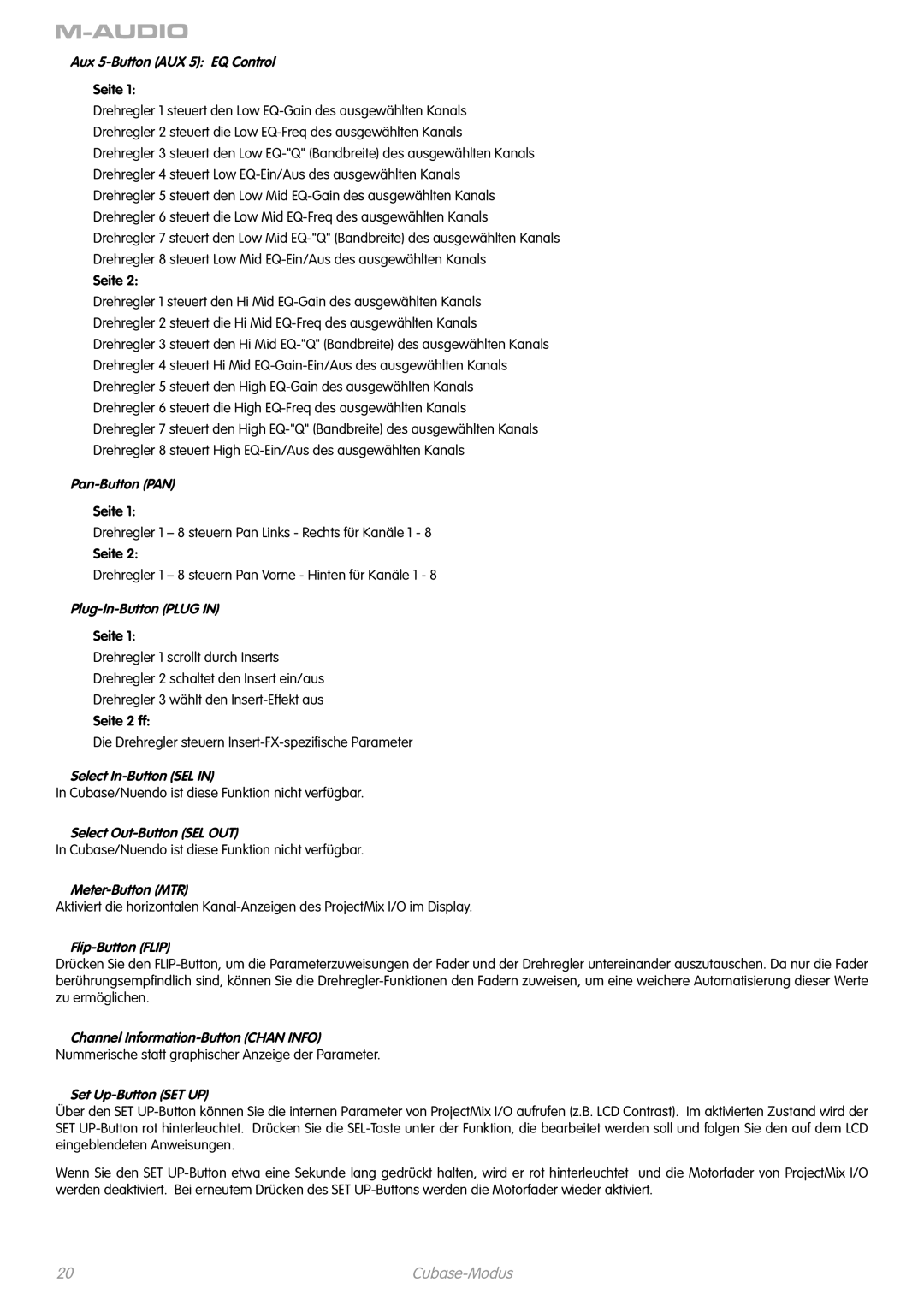 M-Audio I/O manual Aux 5-Button AUX 5 EQ Control, Pan-Button PAN 