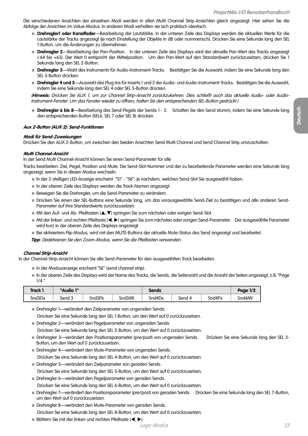 M-Audio I/O manual Logic-Modus, Multi Channel-Ansicht, Channel Strip-Ansicht, Track Audio Sends 1/2 