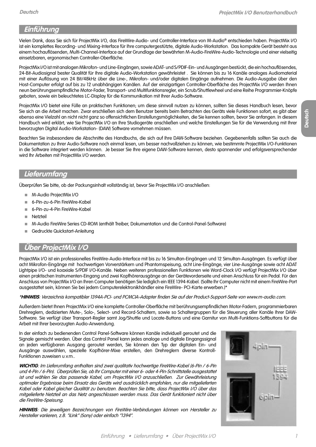 M-Audio manual Einführung Lieferumfang Über ProjectMix I/O 