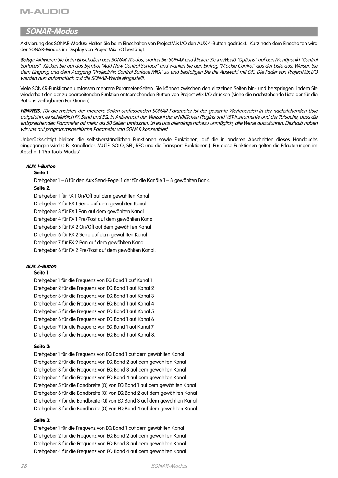 M-Audio I/O manual SONAR-Modus, AUX 1-Button, AUX 2-Button 