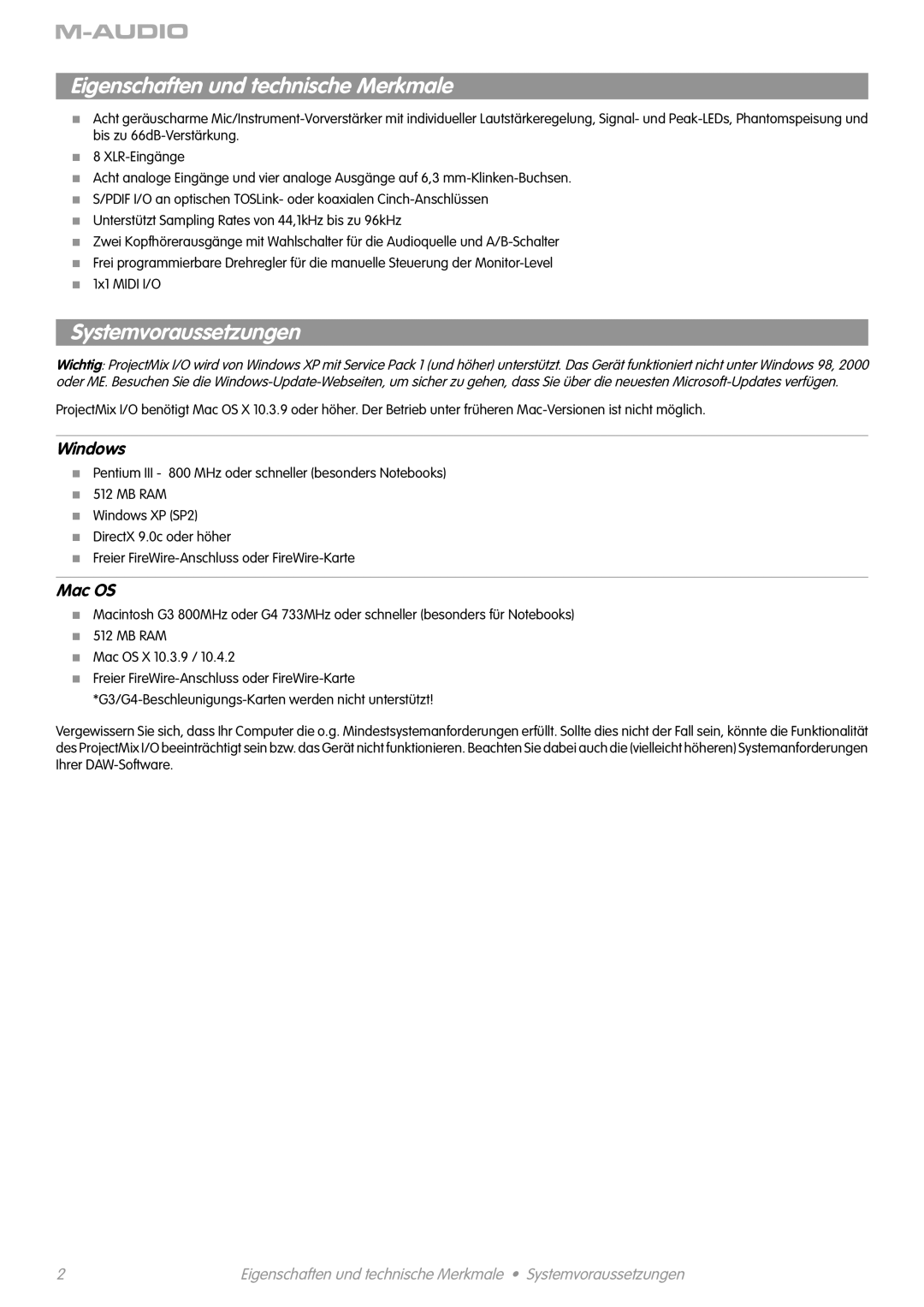 M-Audio I/O manual Eigenschaften und technische Merkmale, Systemvoraussetzungen, Windows, Mac OS 