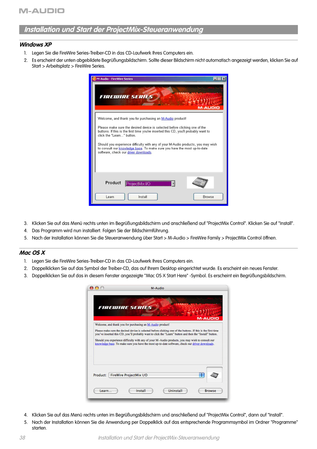 M-Audio I/O manual Installation und Start der ProjectMix-Steueranwendung, Windows XP 