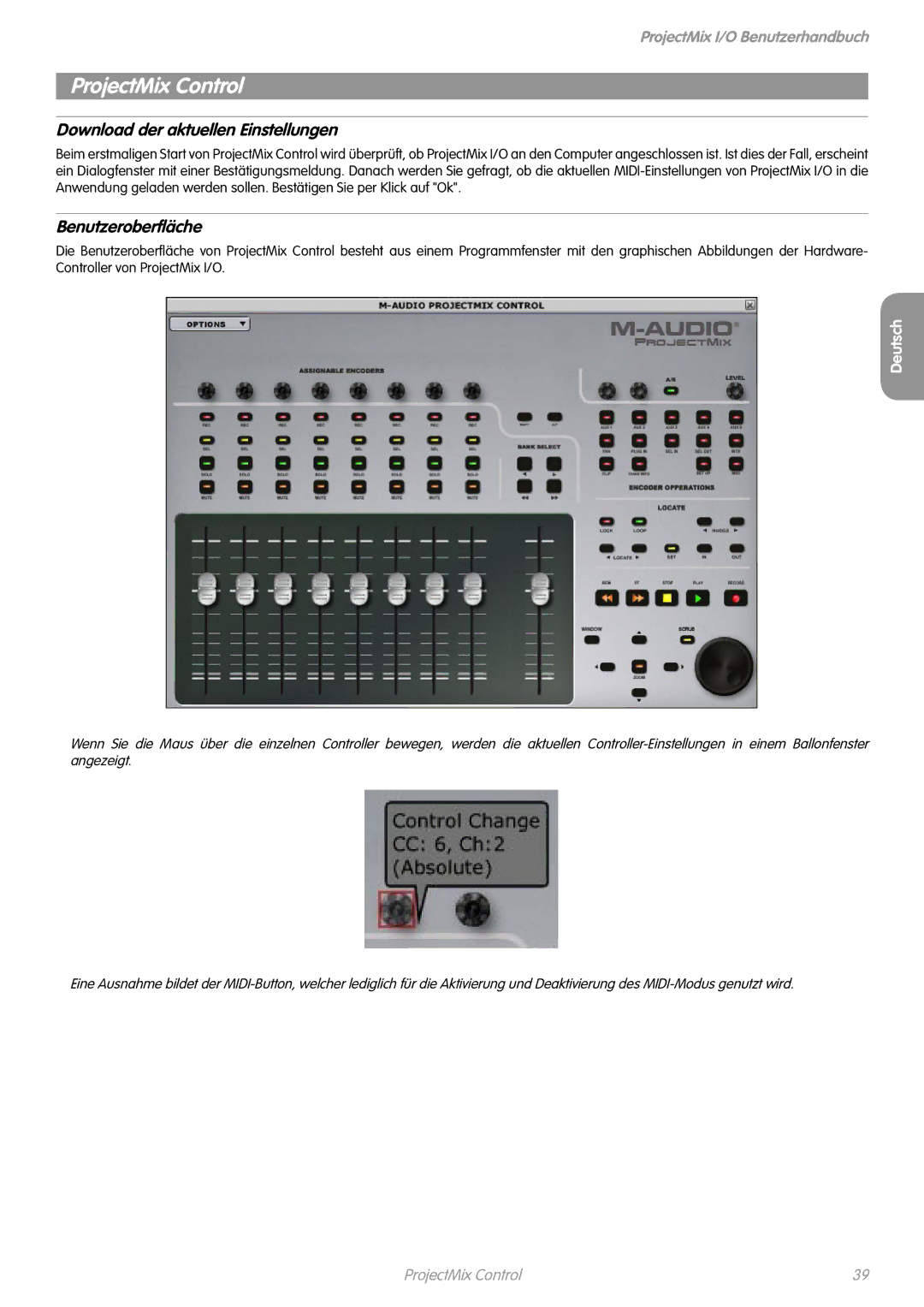 M-Audio I/O manual ProjectMix Control, Download der aktuellen Einstellungen, Benutzeroberﬂäche 