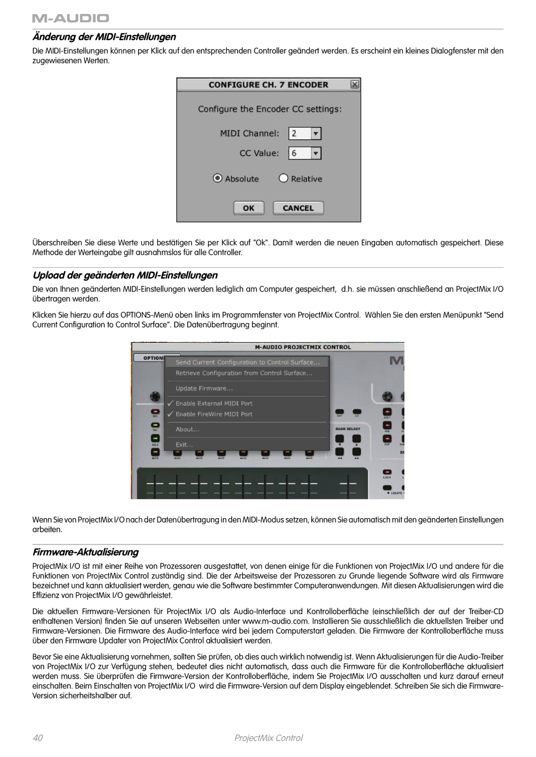 M-Audio I/O manual Änderung der MIDI-Einstellungen, Upload der geänderten MIDI-Einstellungen, Firmware-Aktualisierung 