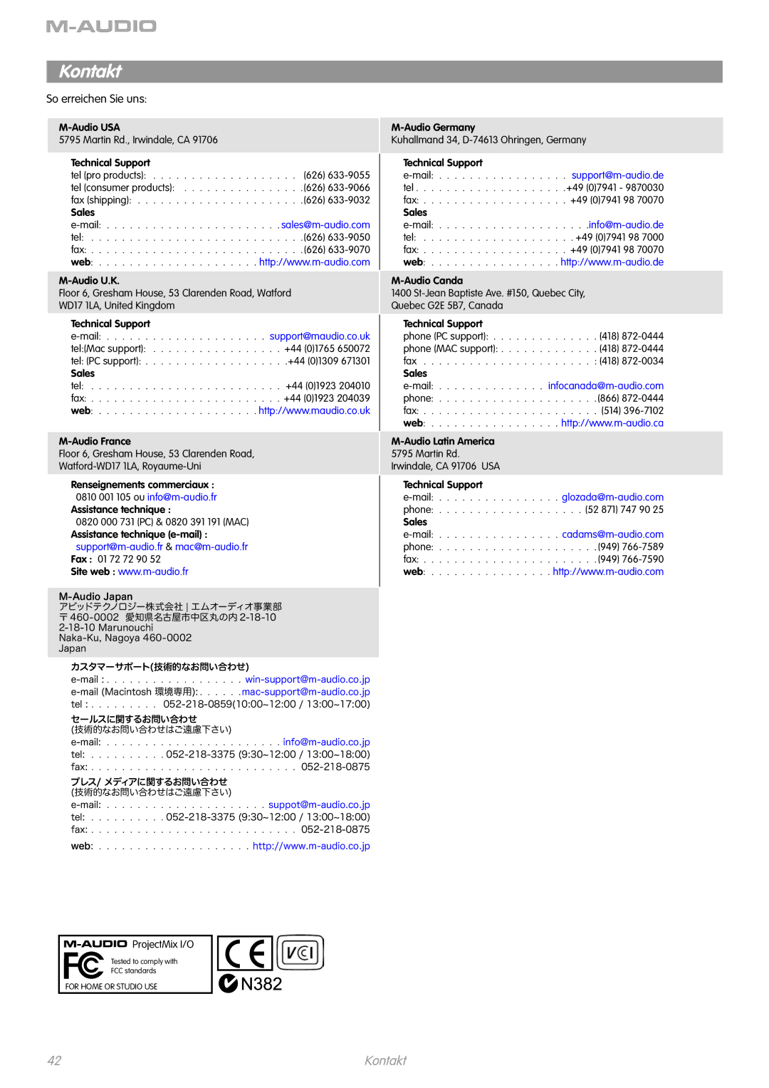 M-Audio I/O manual Kontakt, So erreichen Sie uns 