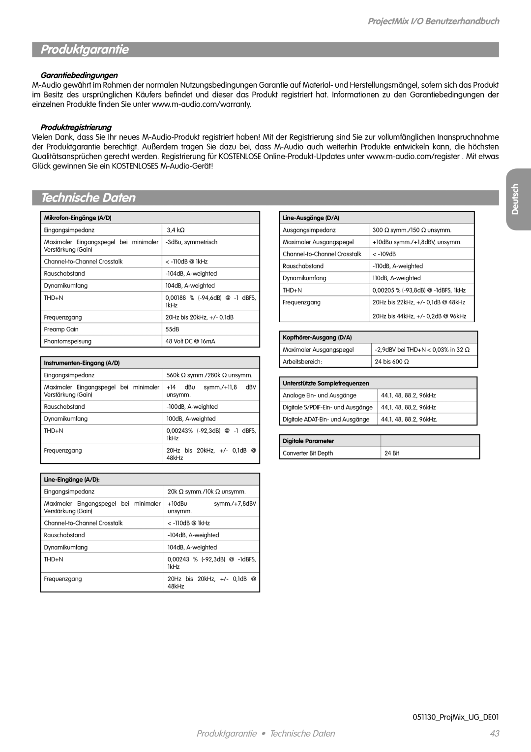 M-Audio I/O manual Produktgarantie Technische Daten, Garantiebedingungen Produktregistrierung 