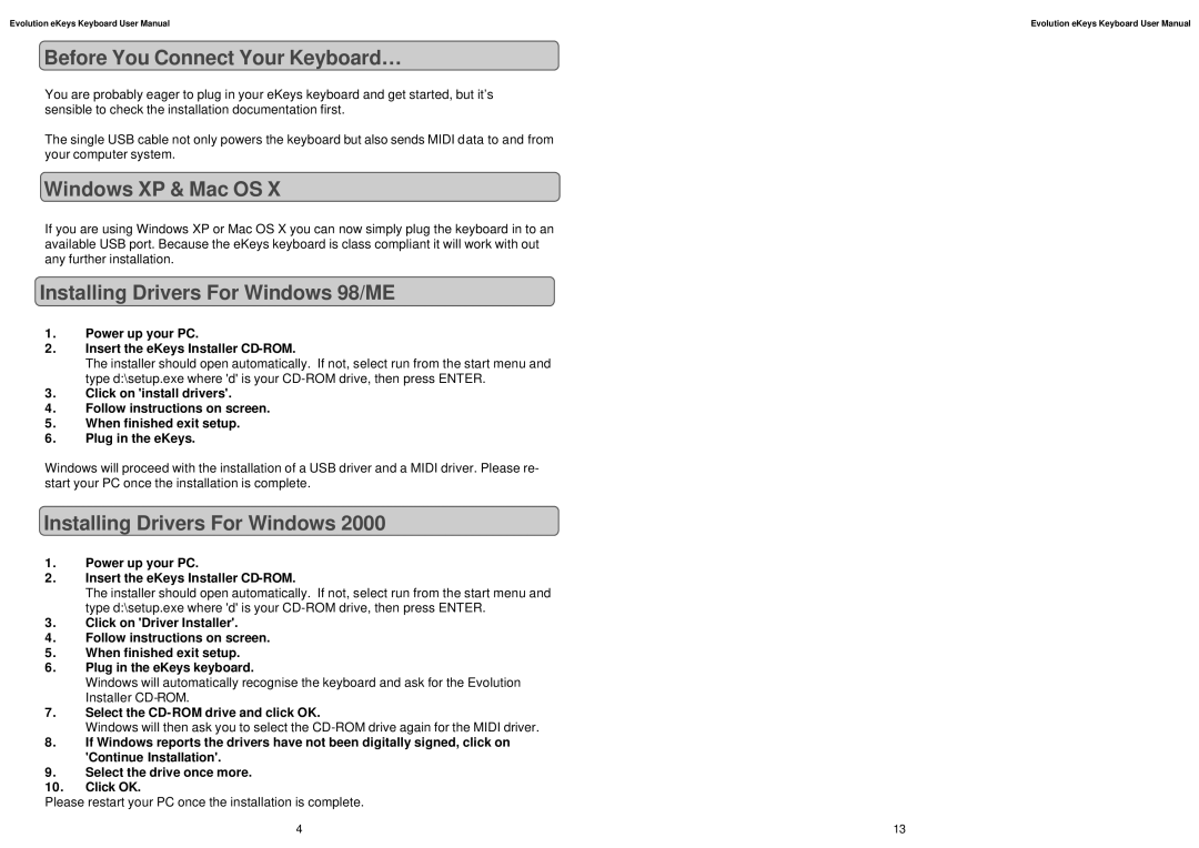 M-Audio K6 user manual Before You Connect Your Keyboard…, Windows XP & Mac OS, Installing Drivers For Windows 98/ME 