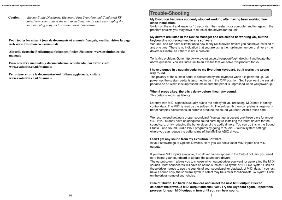 M-Audio K6 user manual Trouble-Shooting, Can’t get any sound from my Evolution Software 