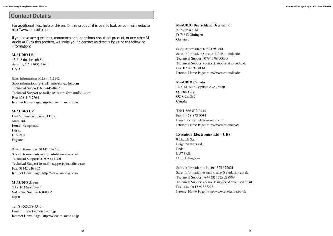 M-Audio K6 user manual Contact Details, Audio US 