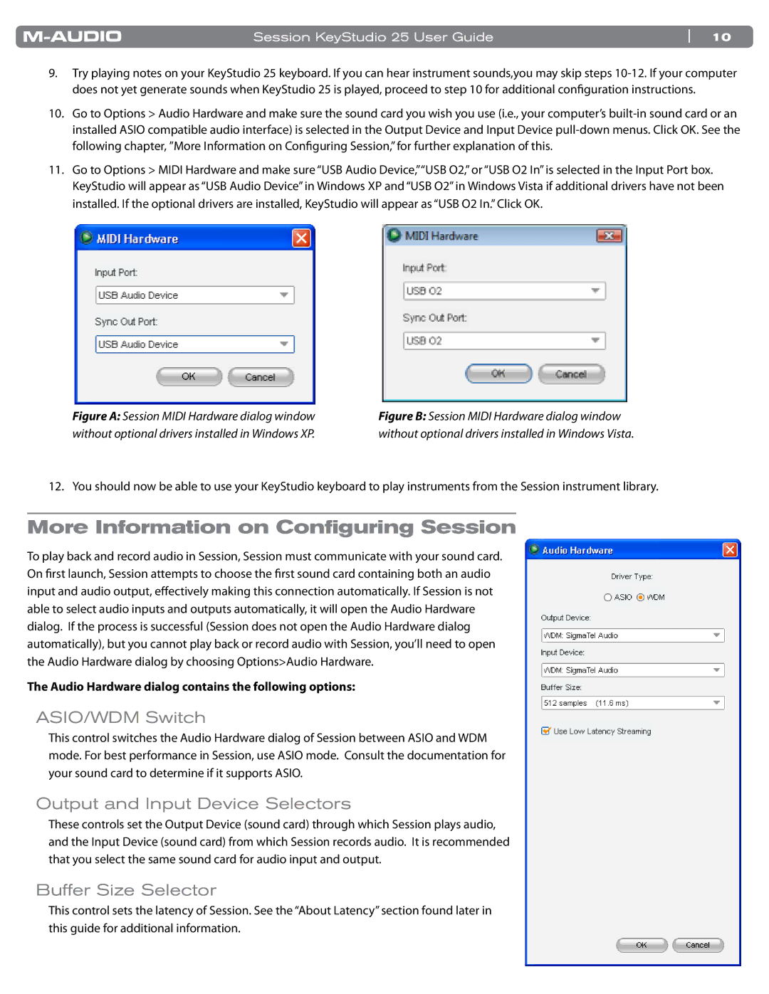 M-Audio KeyStudio 25 manual More Information on Configuring Session, ASIO/WDM Switch, Output and Input Device Selectors 