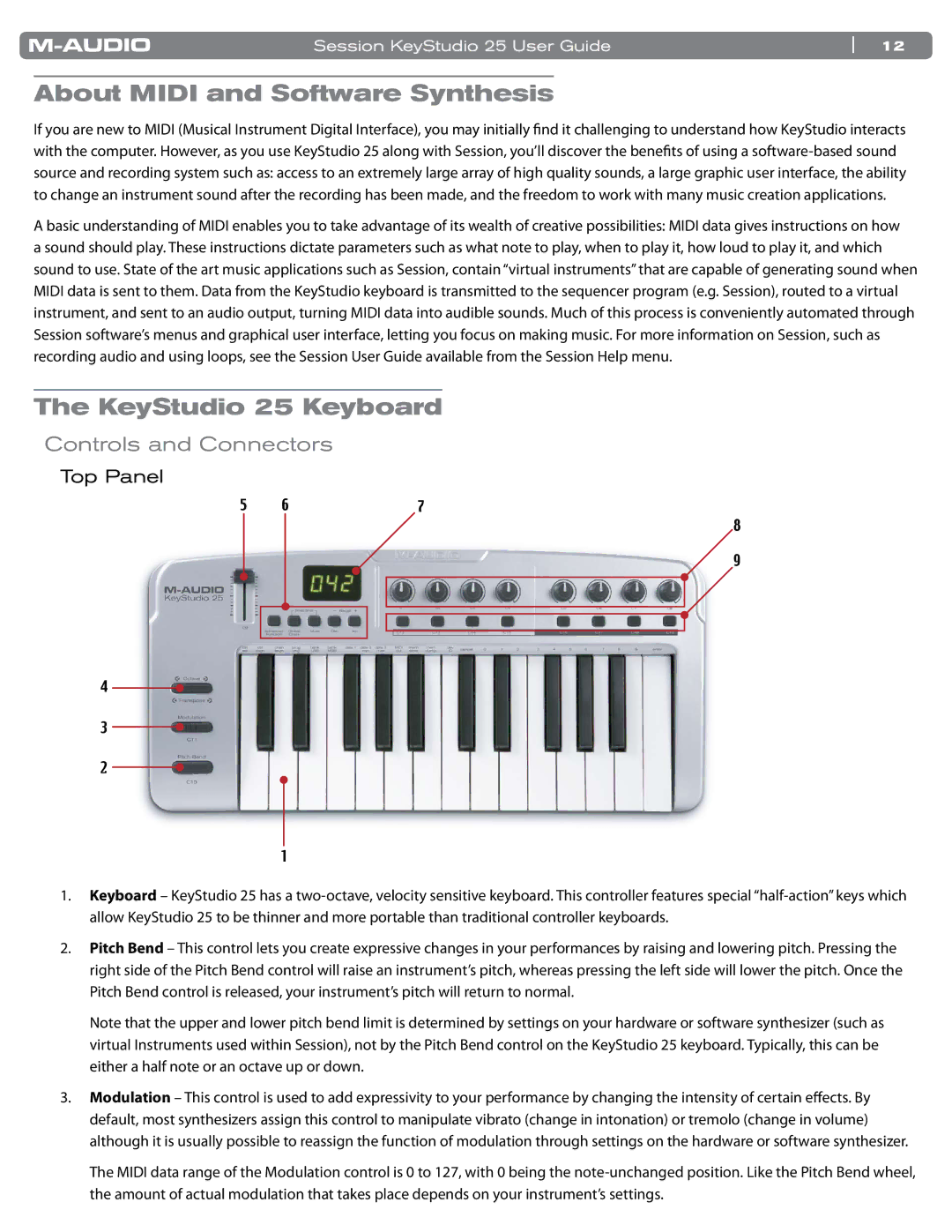 M-Audio manual About Midi and Software Synthesis, KeyStudio 25 Keyboard, Controls and Connectors, Top Panel 