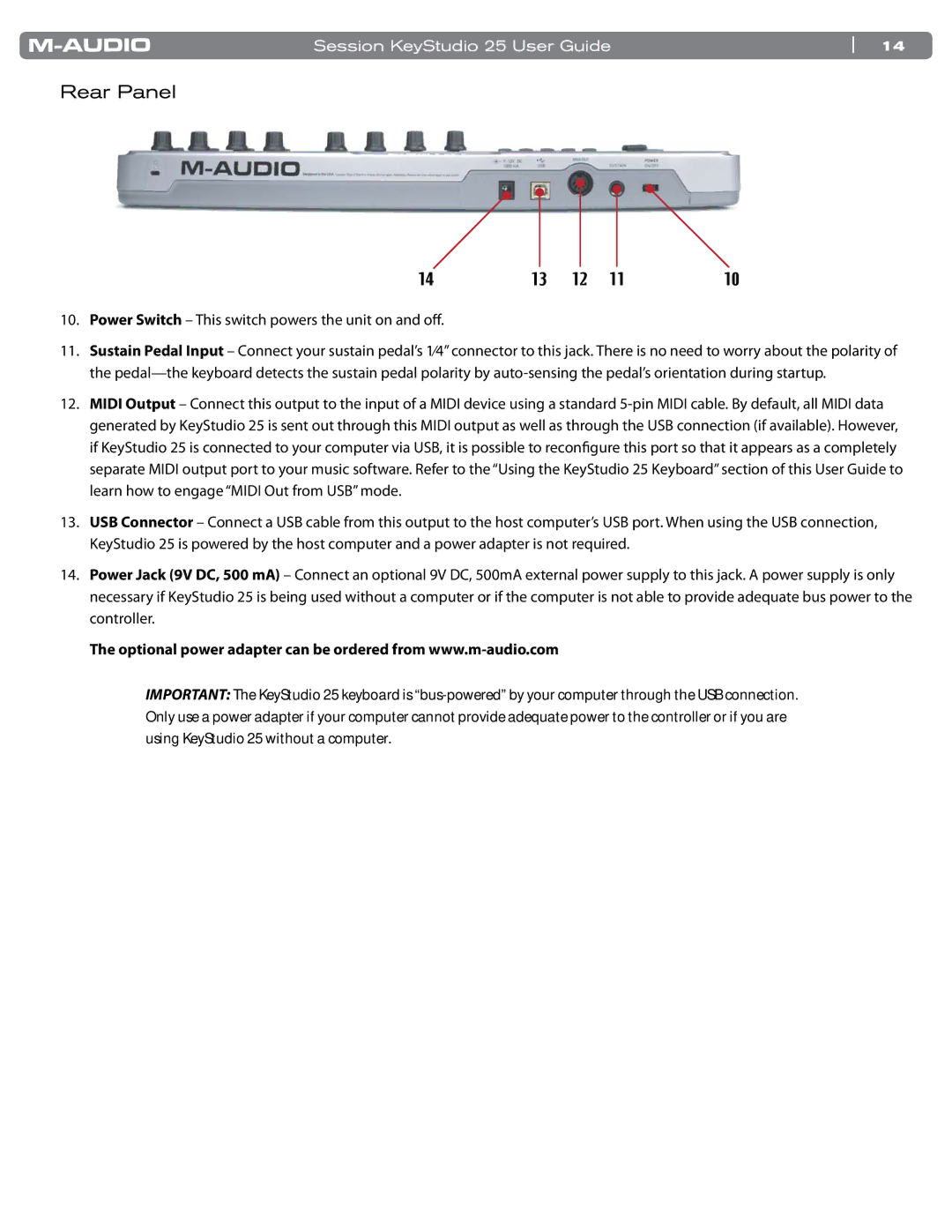 M-Audio KeyStudio 25 manual Rear Panel, Power Switch This switch powers the unit on and off 