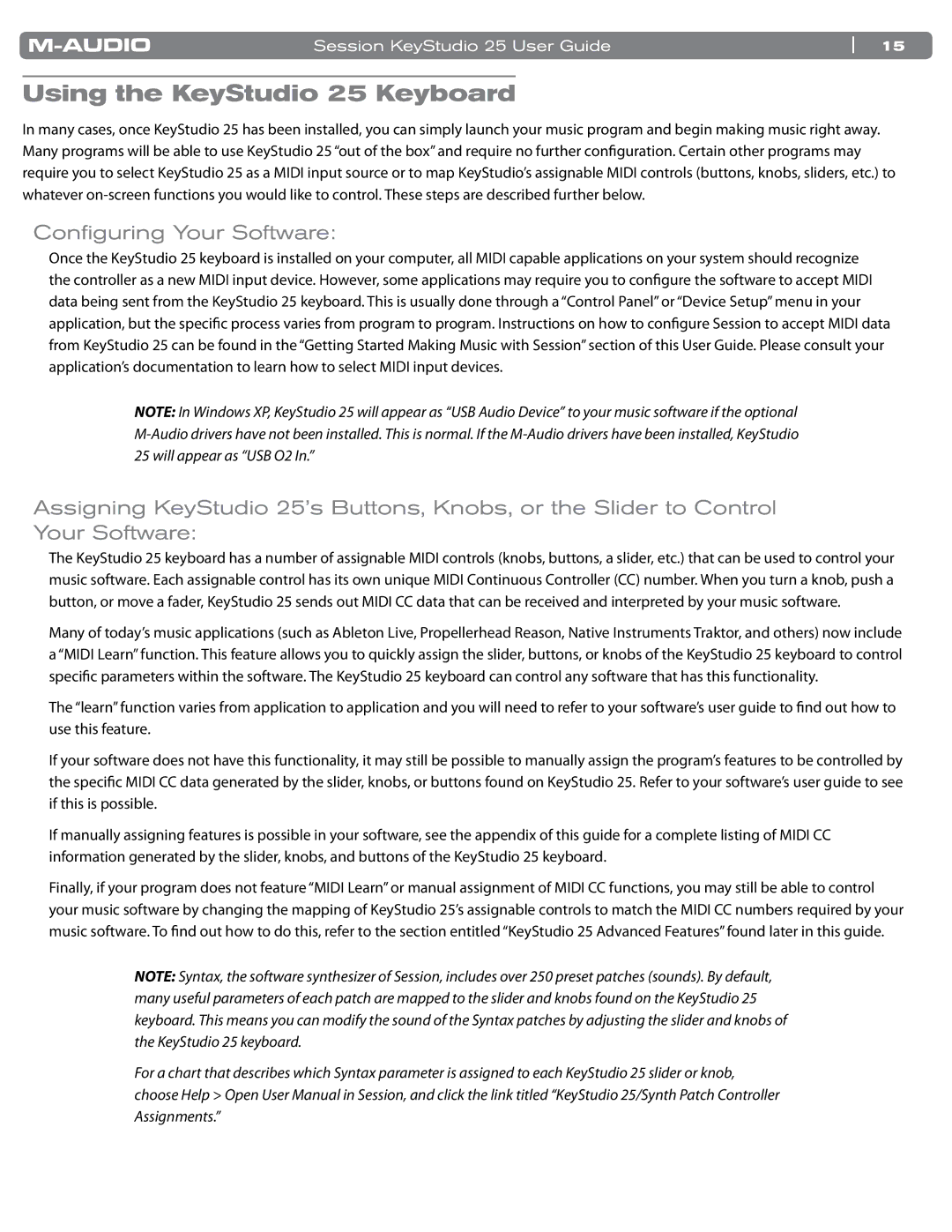 M-Audio manual Using the KeyStudio 25 Keyboard, Configuring Your Software 