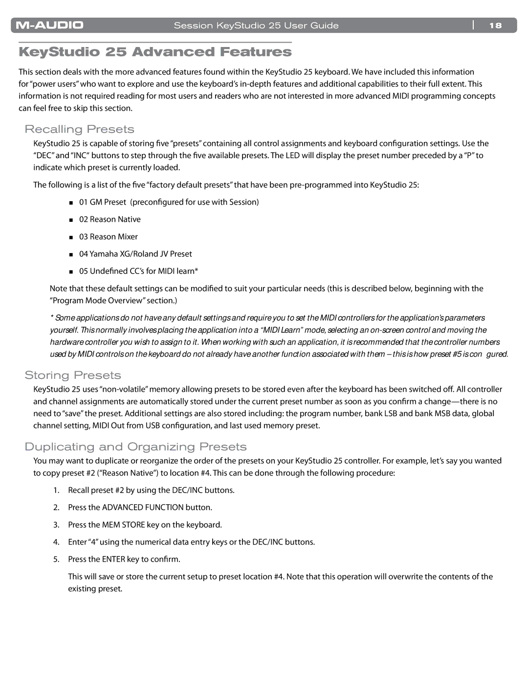 M-Audio manual KeyStudio 25 Advanced Features, Recalling Presets, Storing Presets, Duplicating and Organizing Presets 