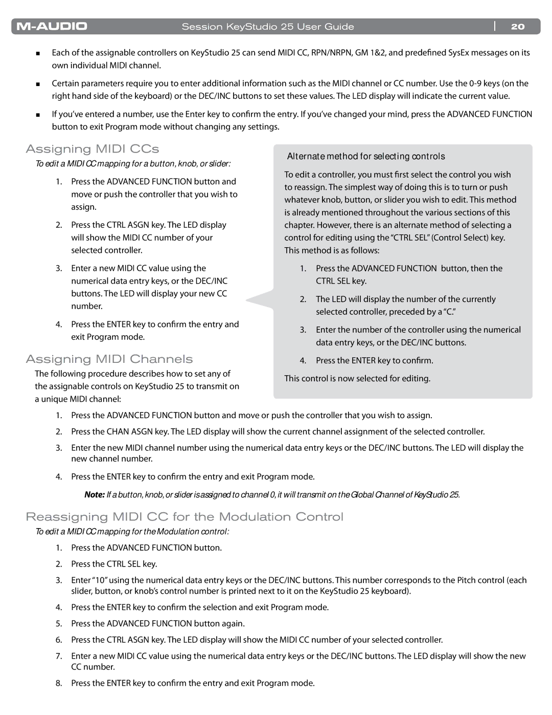 M-Audio KeyStudio 25 manual Assigning Midi CCs, Assigning Midi Channels, Reassigning Midi CC for the Modulation Control 