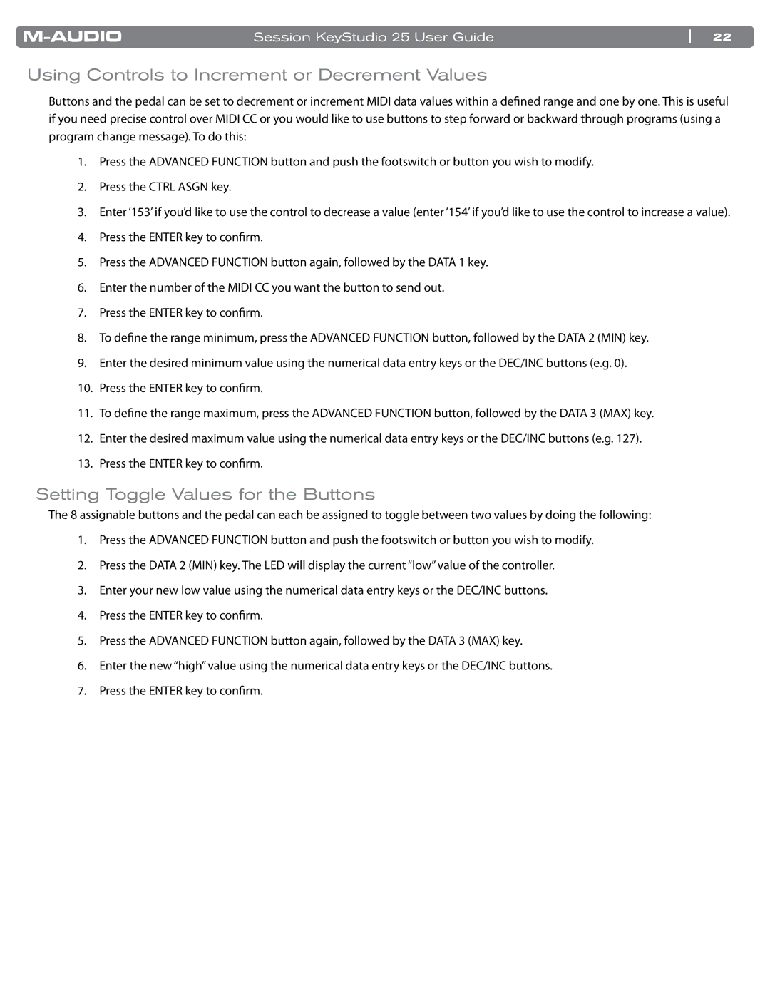 M-Audio KeyStudio 25 manual Using Controls to Increment or Decrement Values, Setting Toggle Values for the Buttons 