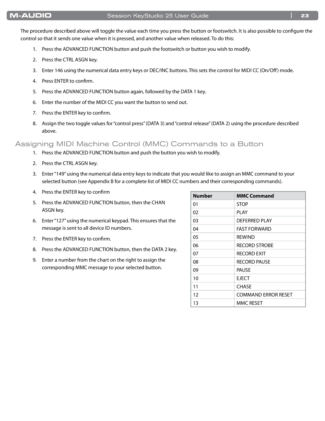 M-Audio KeyStudio 25 manual Assigning Midi Machine Control MMC Commands to a Button, Number MMC Command 