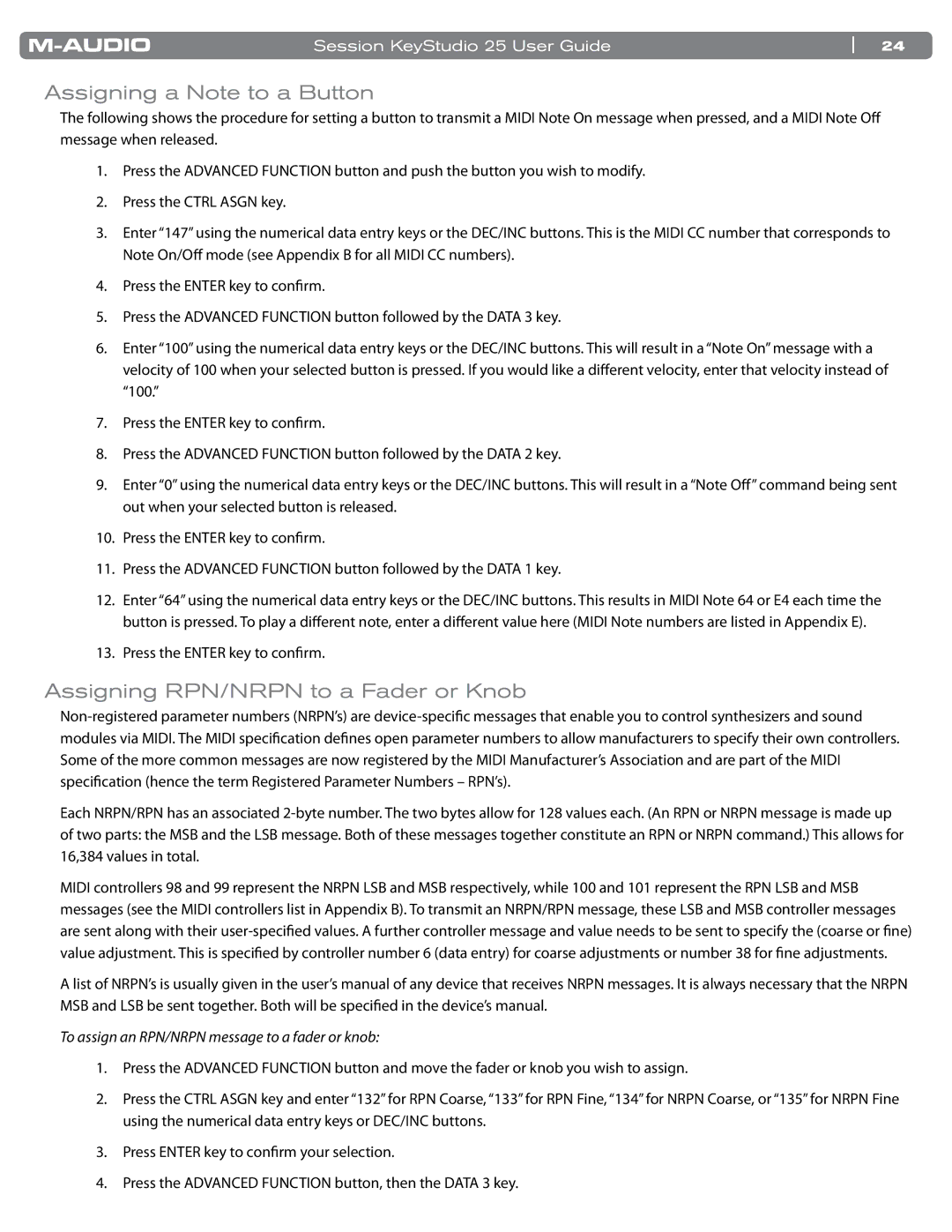 M-Audio KeyStudio 25 manual Assigning a Note to a Button, Assigning RPN/NRPN to a Fader or Knob 