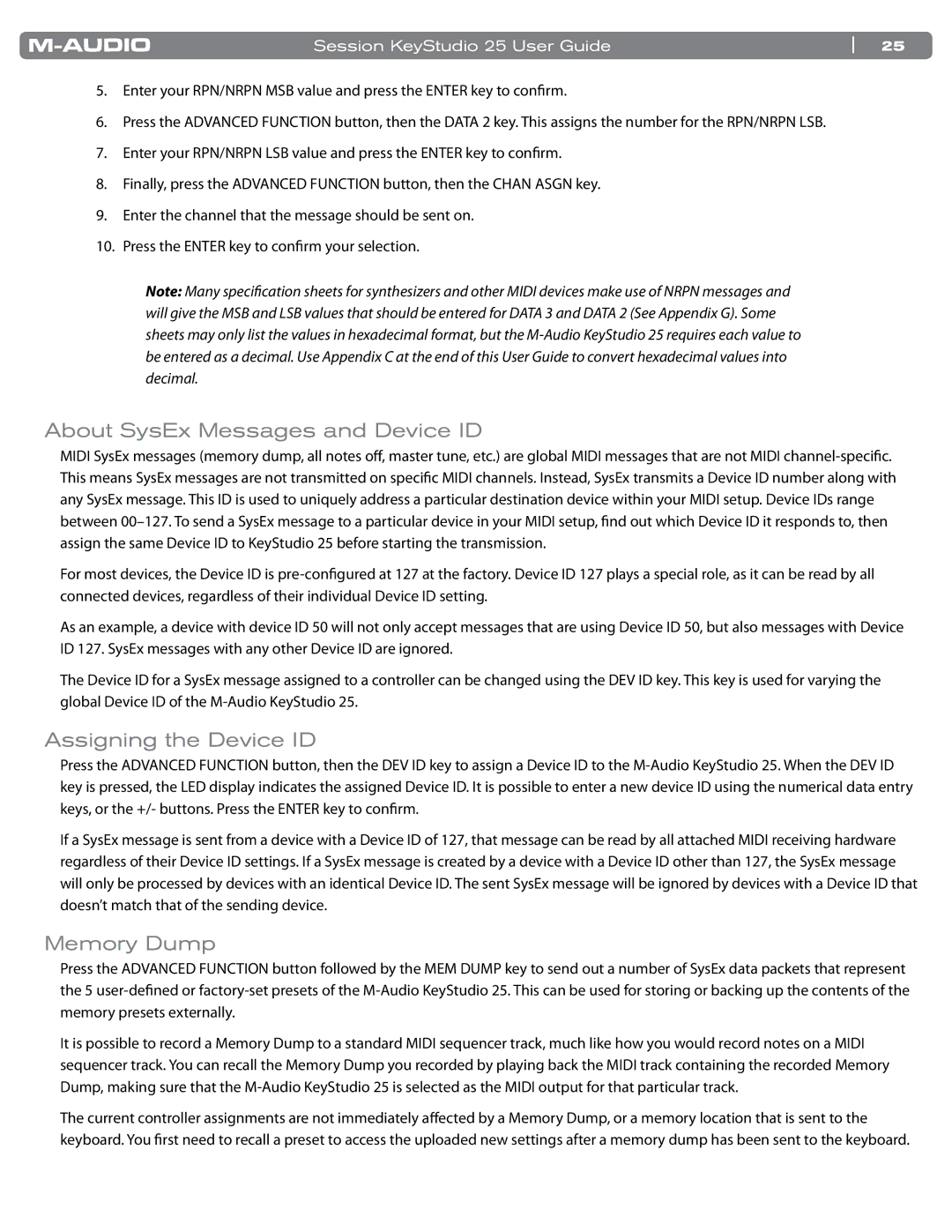 M-Audio KeyStudio 25 manual About SysEx Messages and Device ID, Assigning the Device ID, Memory Dump 