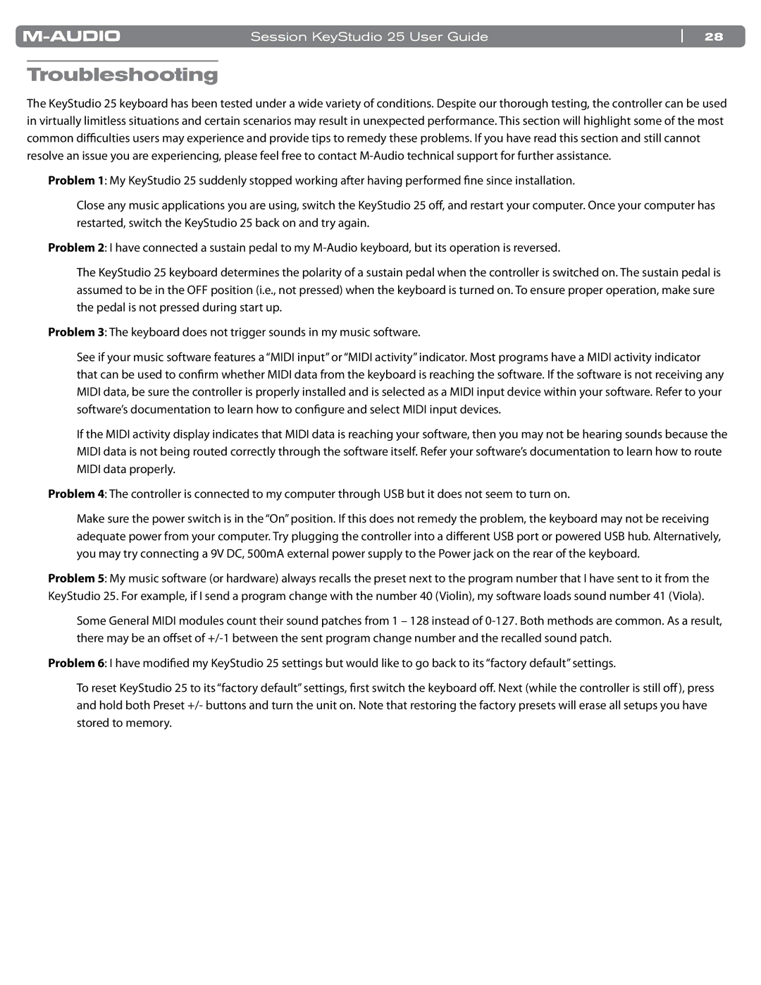M-Audio KeyStudio 25 manual Troubleshooting 