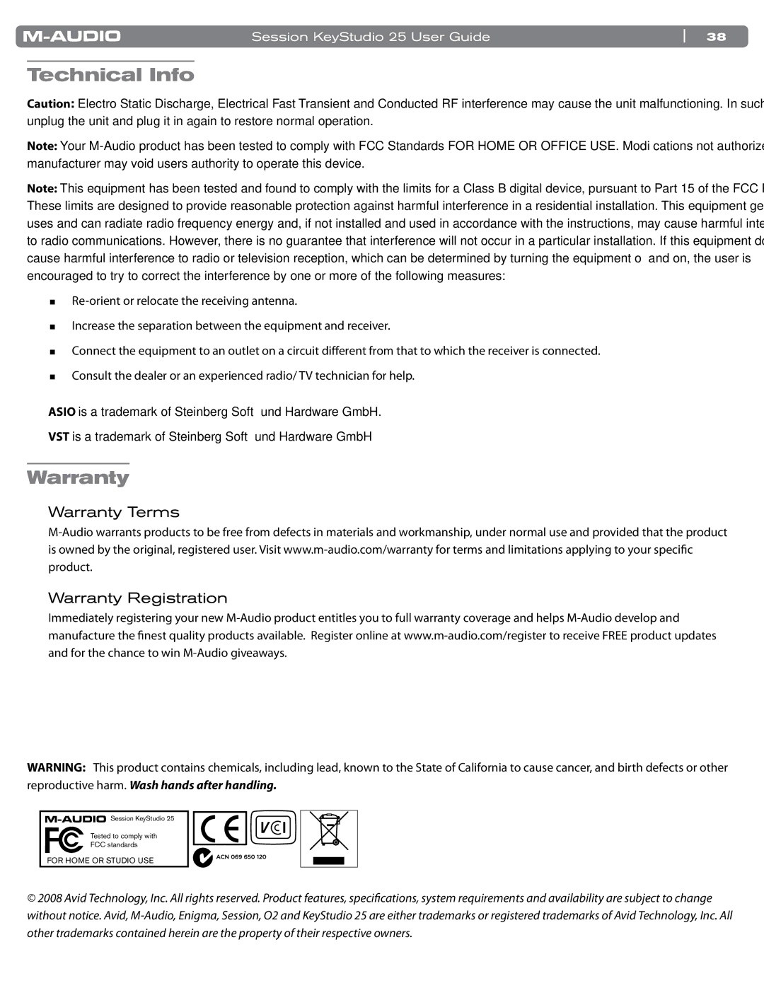 M-Audio KeyStudio 25 manual Technical Info, Warranty Terms Warranty Registration 