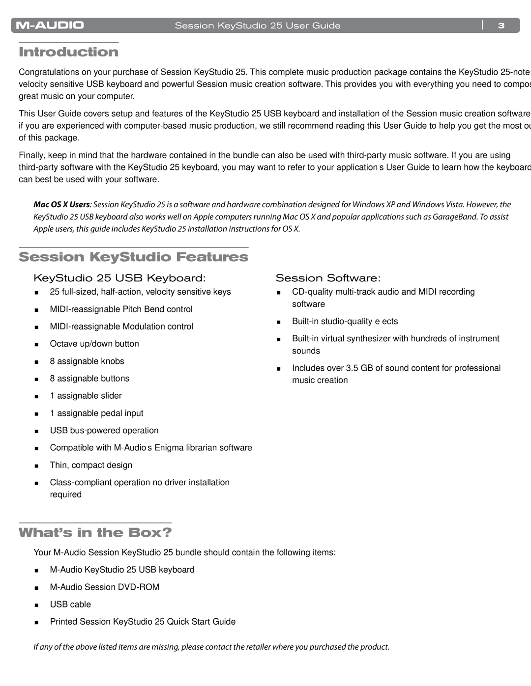 M-Audio manual Introduction, Session KeyStudio Features, What’s in the Box?, KeyStudio 25 USB Keyboard, Session Software 
