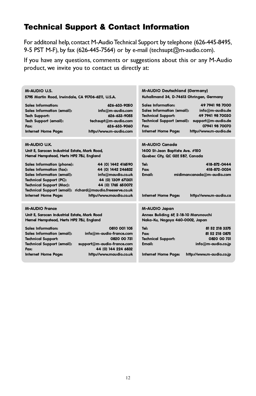 M-Audio LX4 warranty Technical Support & Contact Information, Audio U.S 