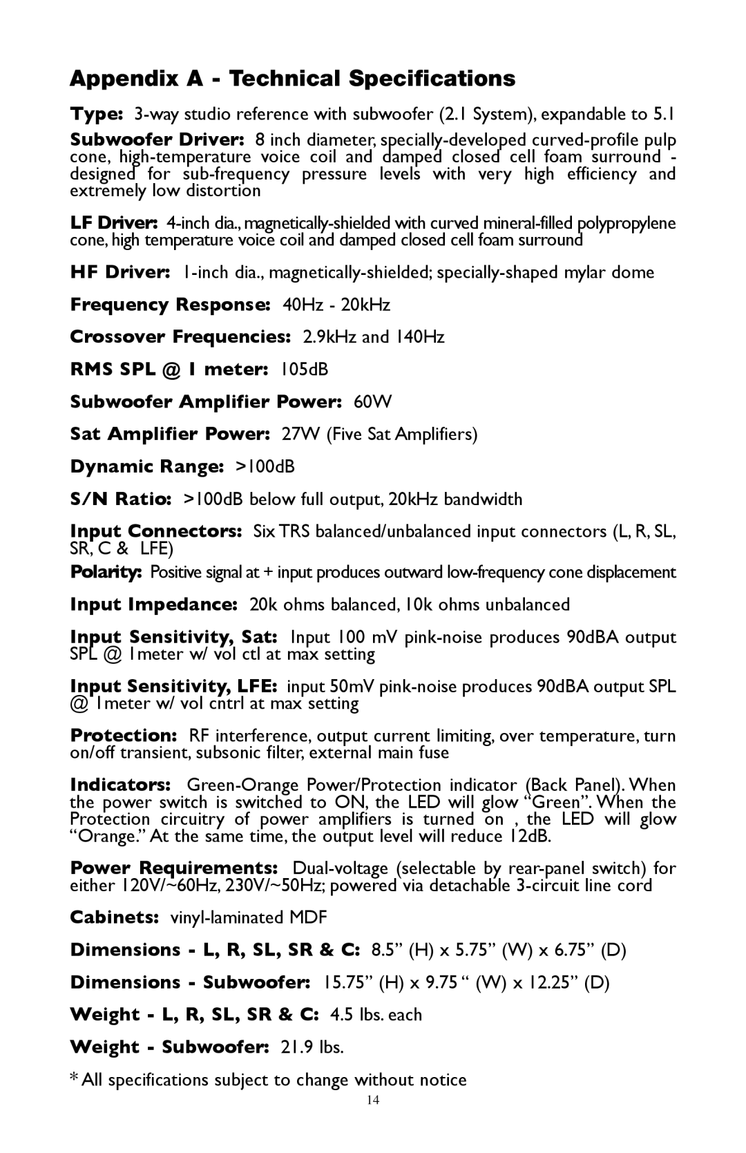 M-Audio LX4 warranty Appendix a Technical Specifications, Dynamic Range 100dB 