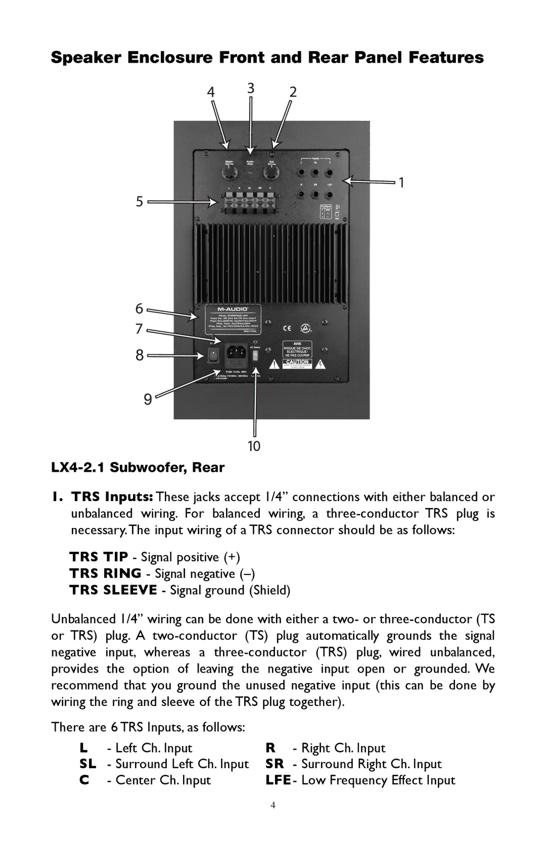 M-Audio warranty Speaker Enclosure Front and Rear Panel Features, LX4-2.1 Subwoofer, Rear 