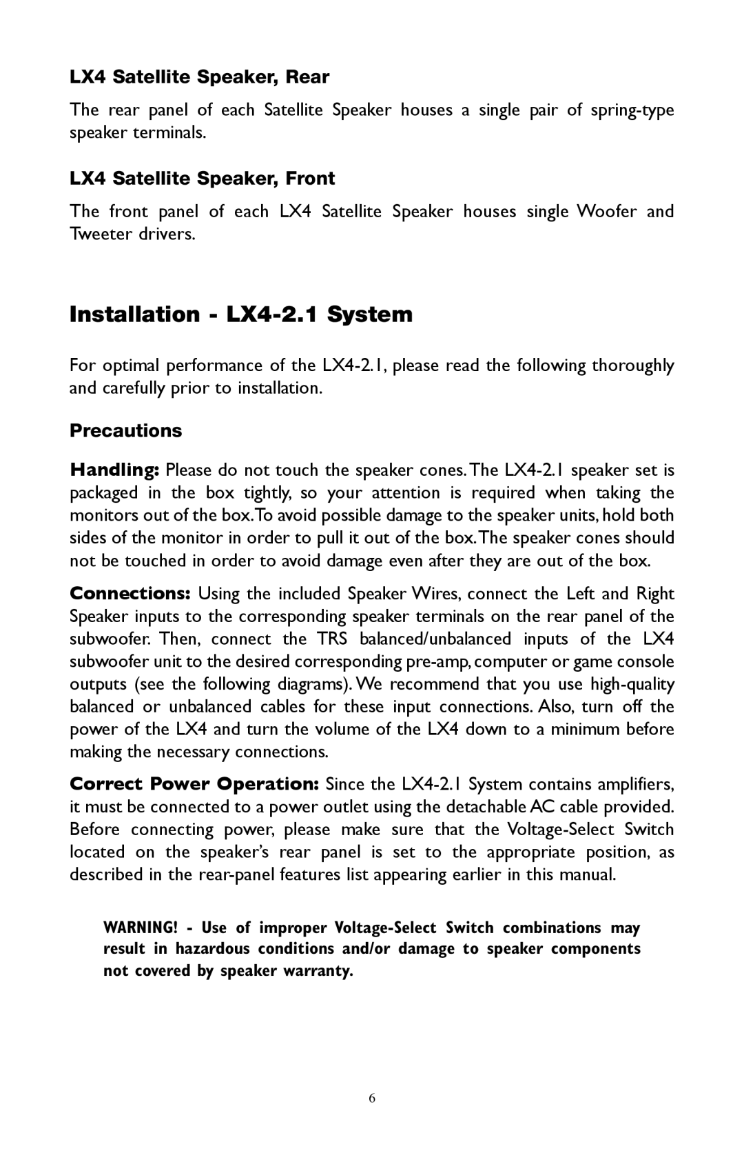 M-Audio warranty Installation LX4-2.1 System, LX4 Satellite Speaker, Rear, LX4 Satellite Speaker, Front, Precautions 