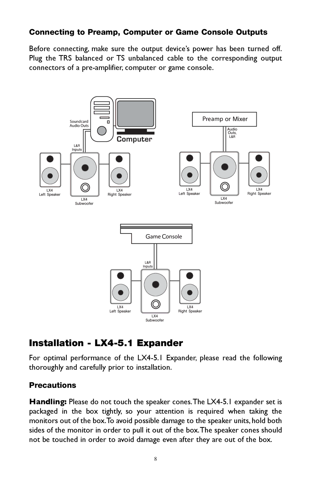 M-Audio warranty Installation LX4-5.1 Expander, Connecting to Preamp, Computer or Game Console Outputs 