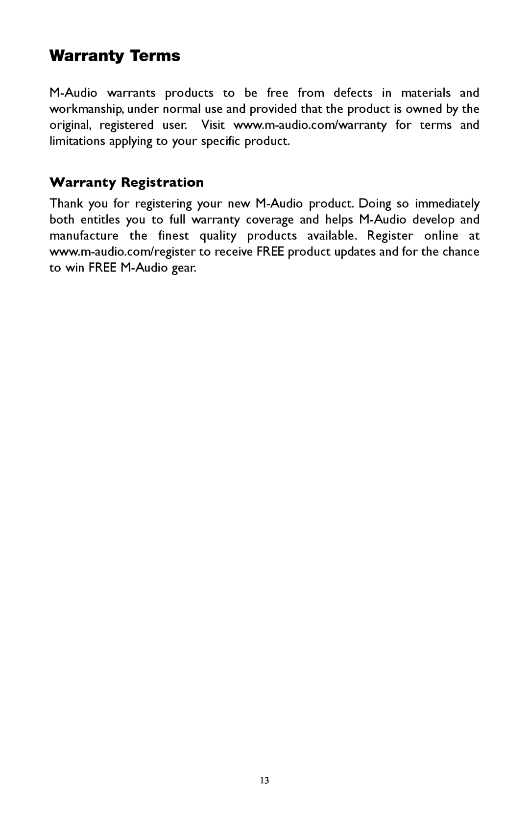 M-Audio LX4 warranty Warranty Terms, Warranty Registration 