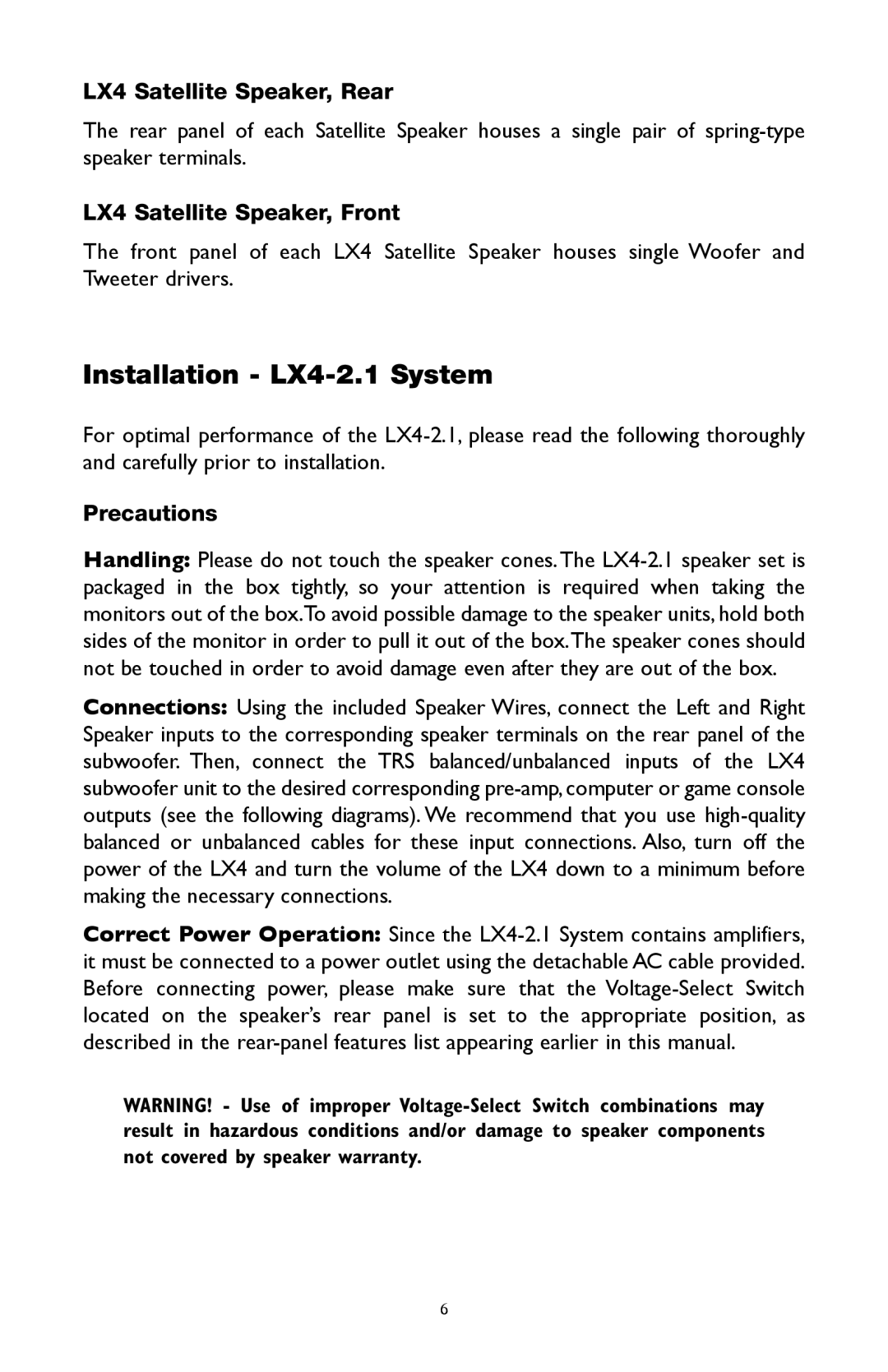 M-Audio warranty Installation - LX4-2.1System, LX4 Satellite Speaker, Rear, LX4 Satellite Speaker, Front, Precautions 