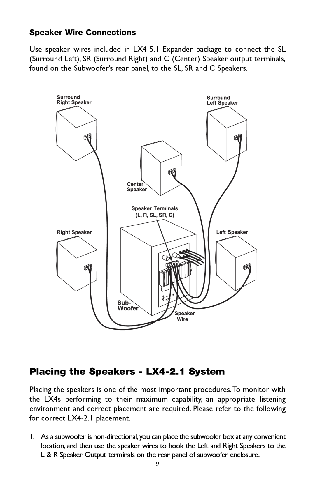 M-Audio warranty Placing the Speakers - LX4-2.1System, Speaker Wire Connections 