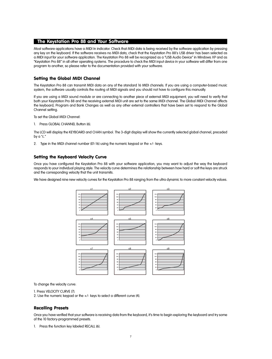 M-Audio M71020QS-EN manual Keystation Pro 88 and Your Software, Setting the Global Midi Channel, Recalling Presets 
