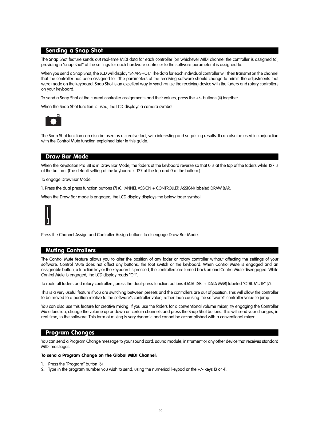 M-Audio M71020QS-EN manual Sending a Snap Shot, Draw Bar Mode, Muting Controllers, Program Changes 