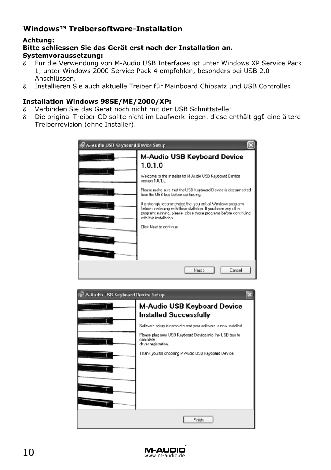 M-Audio MD 46 manual Windows Treibersoftware-Installation, Installation Windows 98SE/ME/2000/XP 