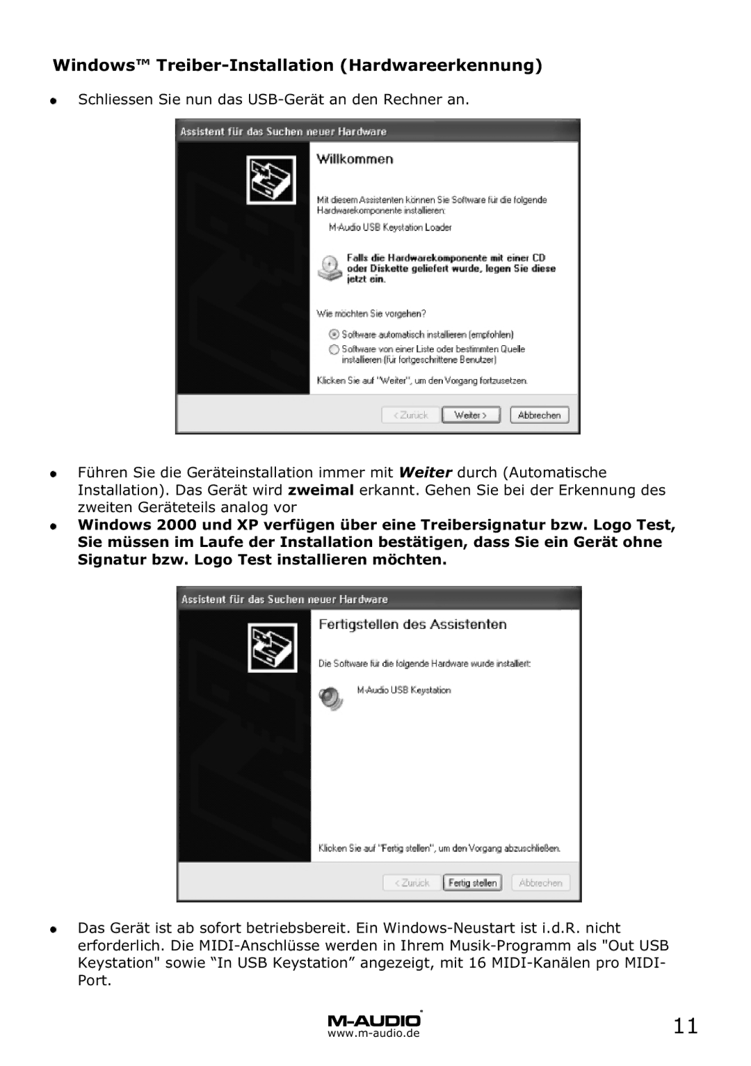M-Audio MD 46 manual Windows Treiber-Installation Hardwareerkennung 