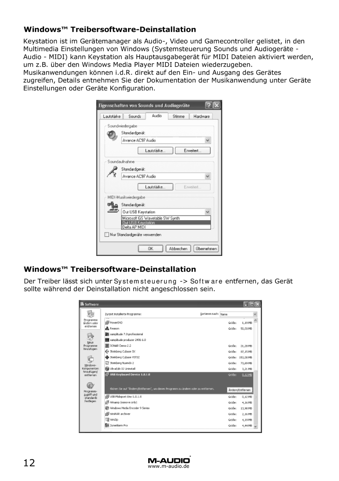 M-Audio MD 46 manual Windows Treibersoftware-Deinstallation 