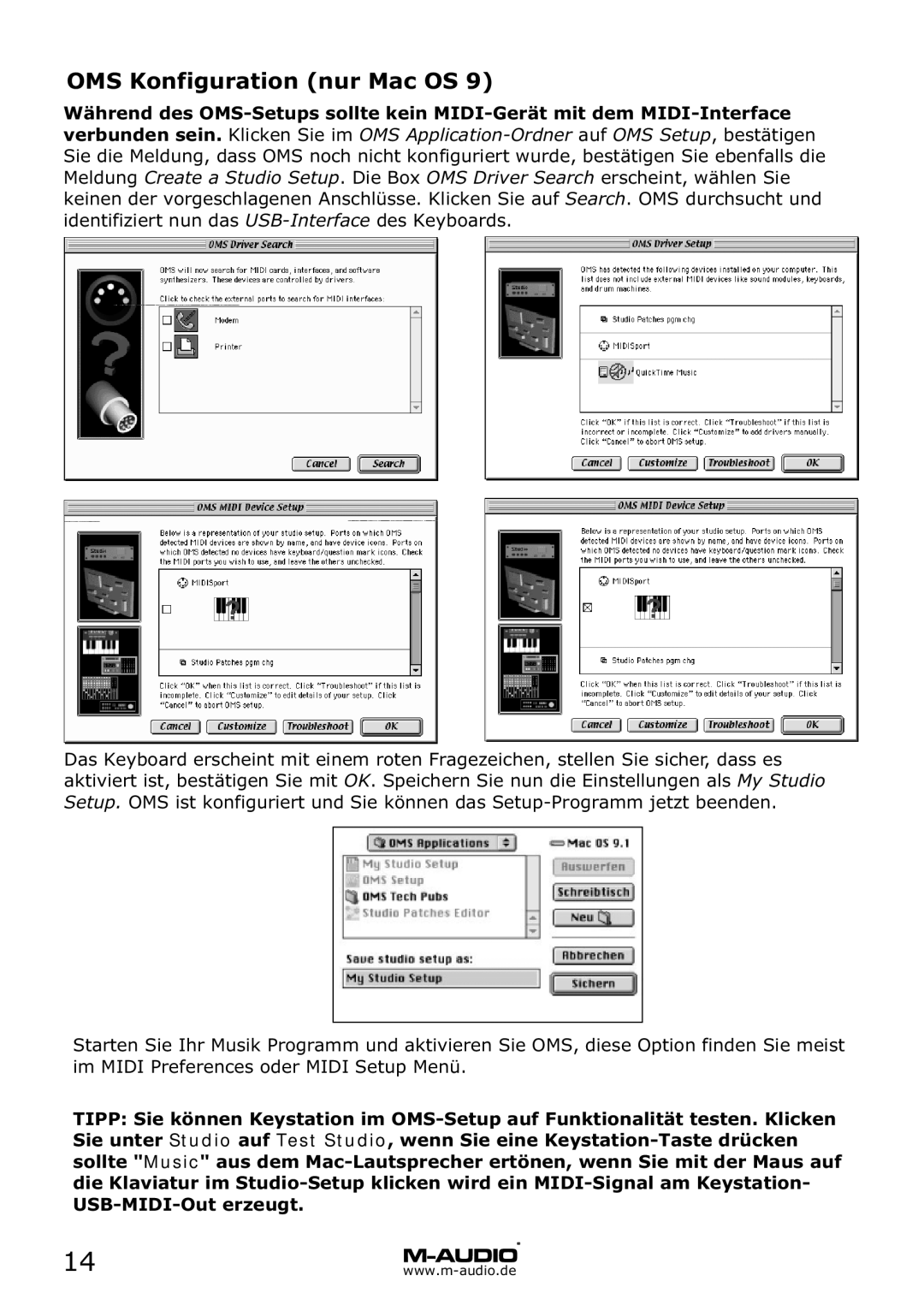 M-Audio MD 46 manual OMS Konfiguration nur Mac OS 