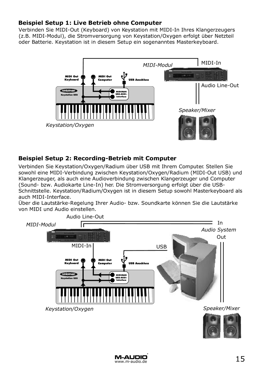 M-Audio MD 46 manual Beispiel Setup 1 Live Betrieb ohne Computer, Beispiel Setup 2 Recording-Betrieb mit Computer 