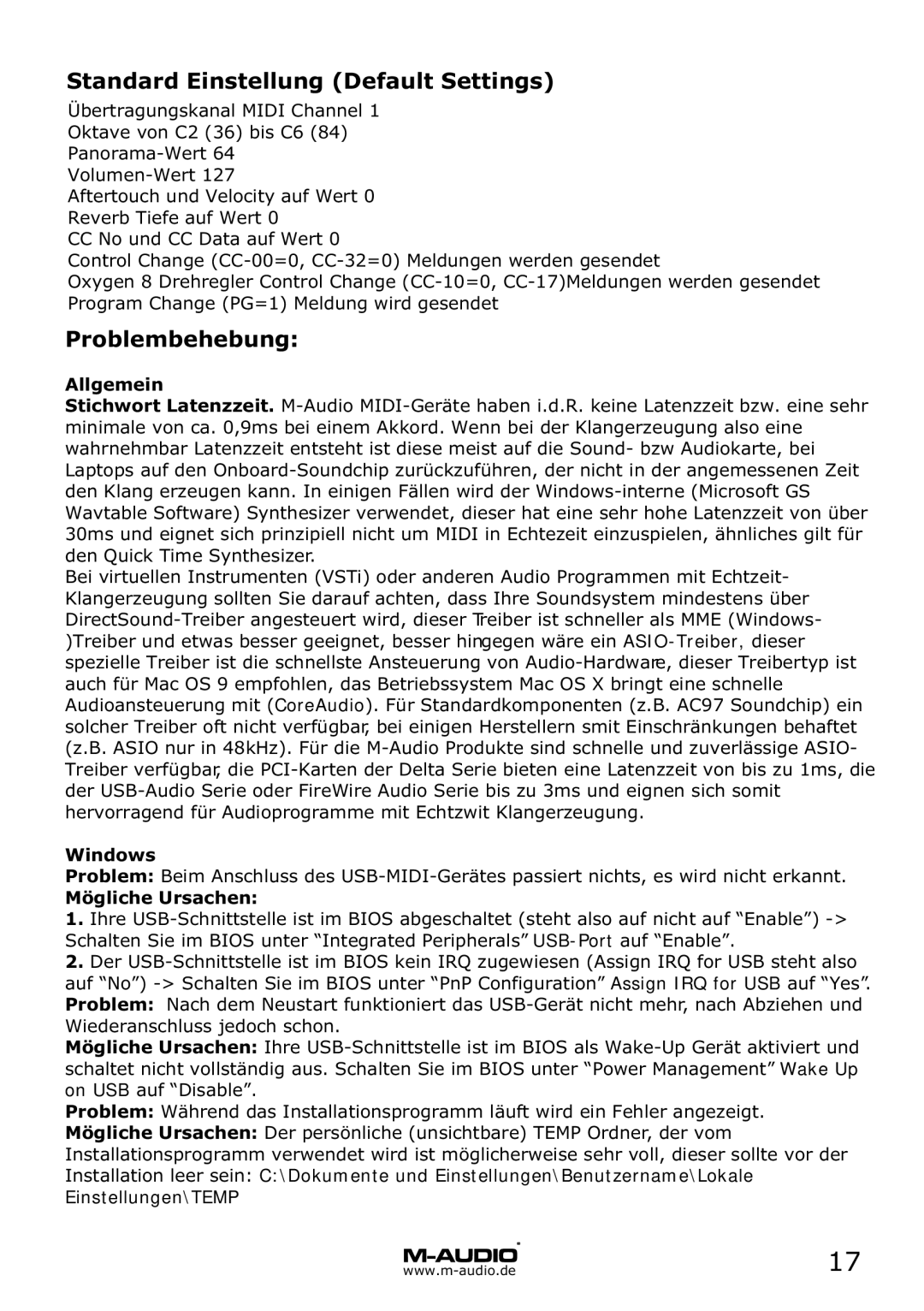 M-Audio MD 46 manual Standard Einstellung Default Settings, Problembehebung, Allgemein, Windows, Mögliche Ursachen 