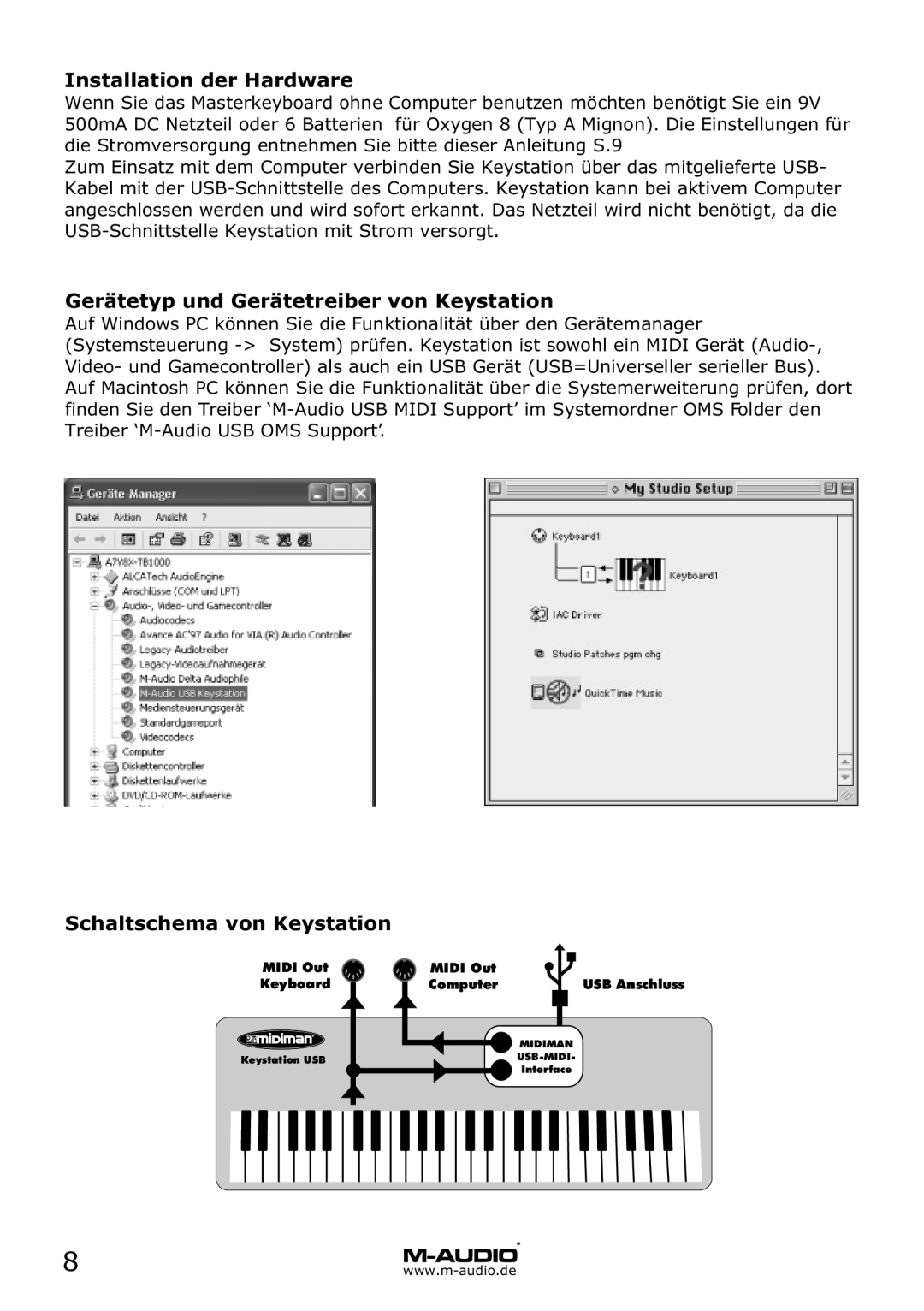 M-Audio MD 46 manual Installation der Hardware, Gerätetyp und Gerätetreiber von Keystation, Schaltschema von Keystation 