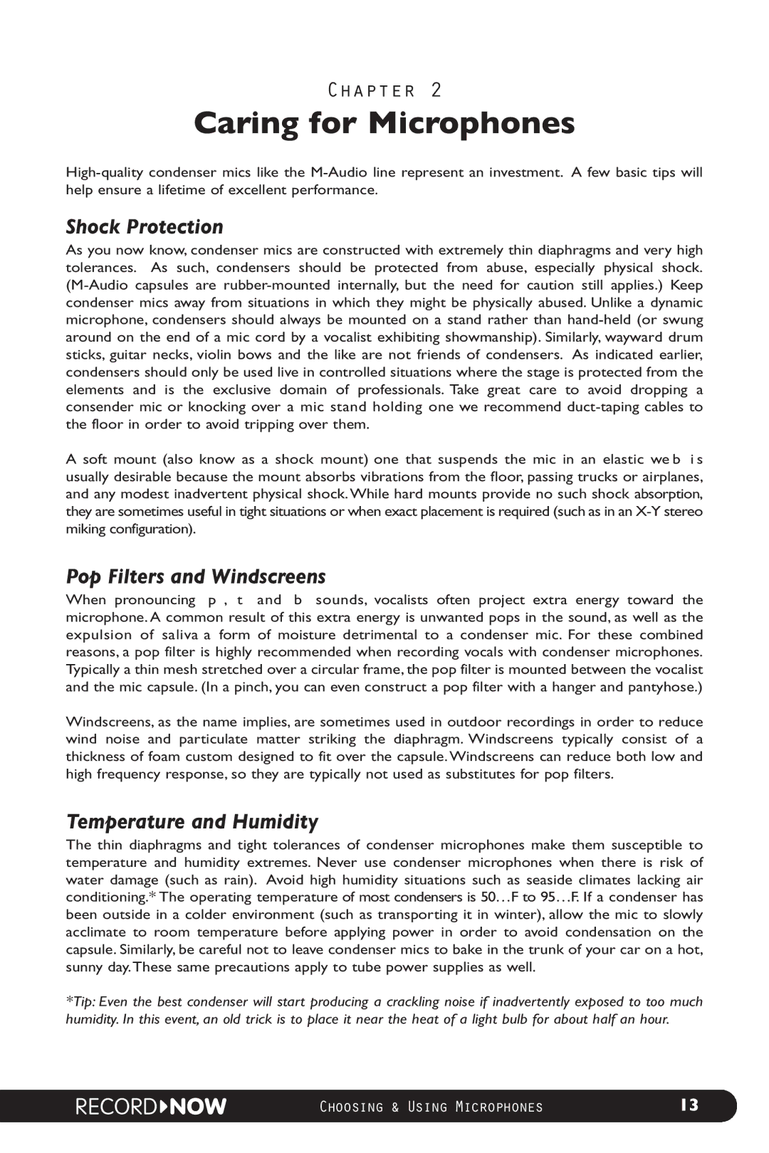 M-Audio manual Caring forChapterMicrophones2, Shock Protection, Pop Filters and Windscreens, Temperature and Humidity 