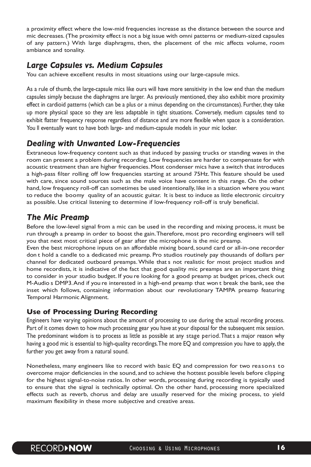 M-Audio Microphone manual Large Capsules vs. Medium Capsules, Dealing with Unwanted Low-Frequencies, Mic Preamp 