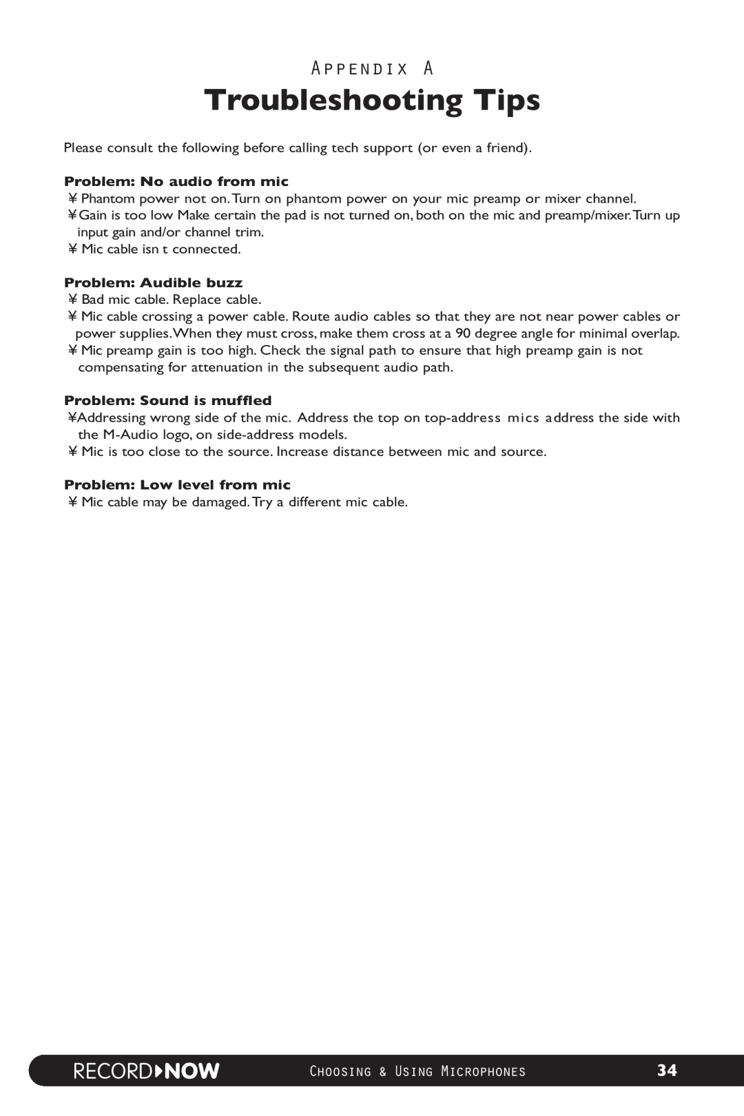 M-Audio Microphone manual TroubleshootingAppendix a Tips, Problem No audio from mic, Problem Audible buzz 