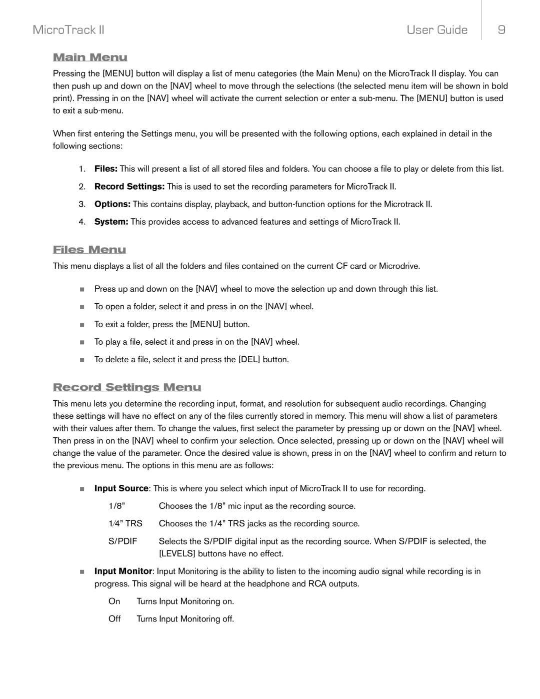 M-Audio MicroTrack II manual Main Menu, Files Menu, Record Settings Menu 