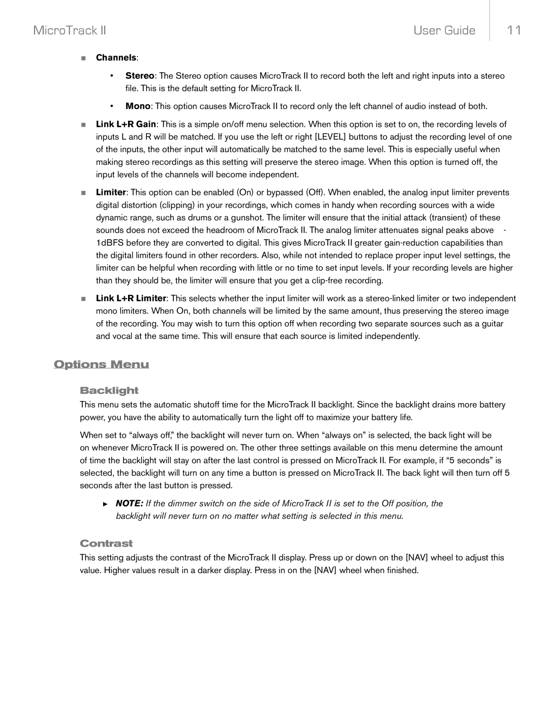 M-Audio MicroTrack II manual Options Menu, Backlight, Contrast, Channels 