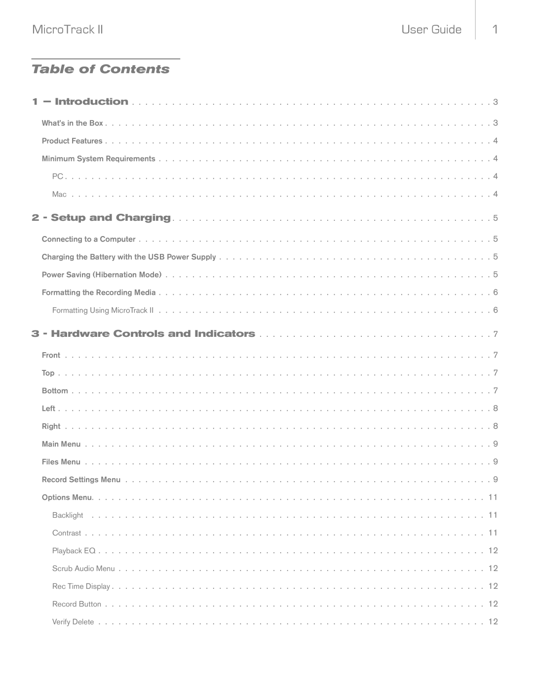 M-Audio MicroTrack II manual MicroTrack User Guide, Table of Contents 