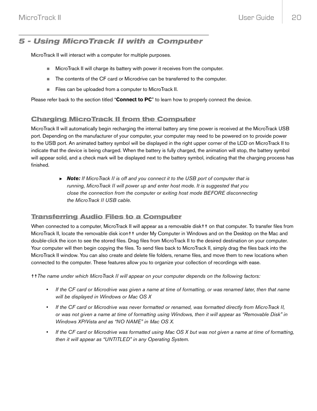 M-Audio manual Using MicroTrack II with a Computer, Charging MicroTrack II from the Computer 